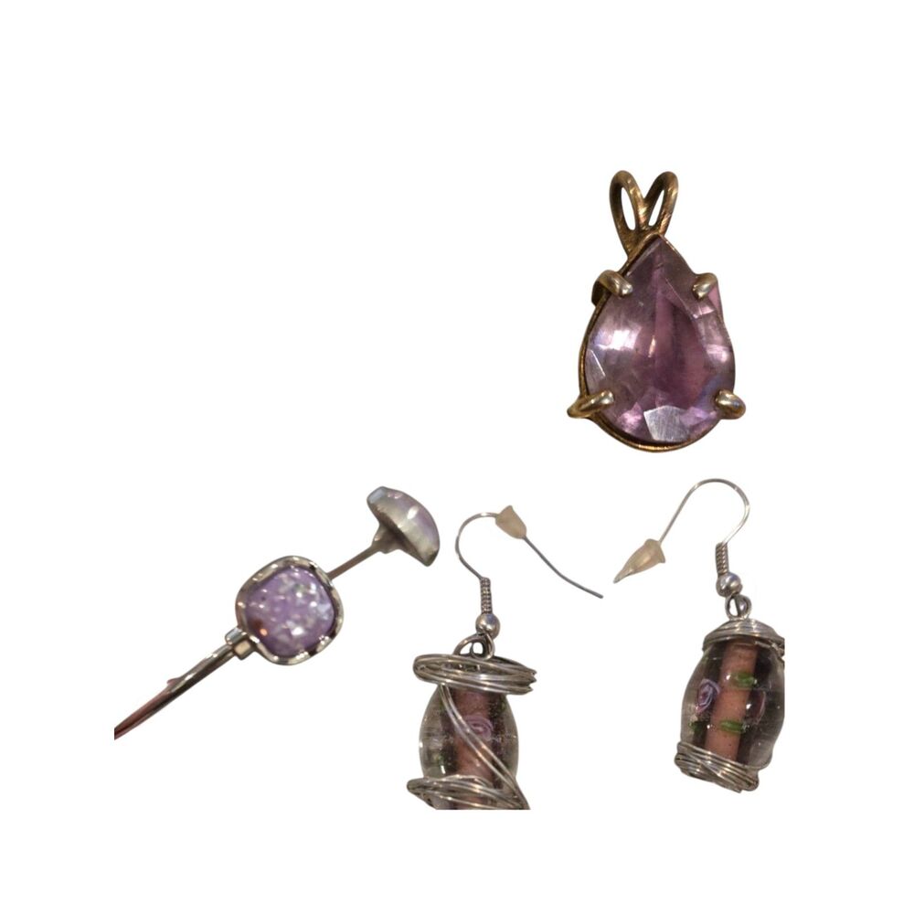 Purple Jewelry Bundle Pendant Earrings Set Amethyst Tone Agate Boho Lot